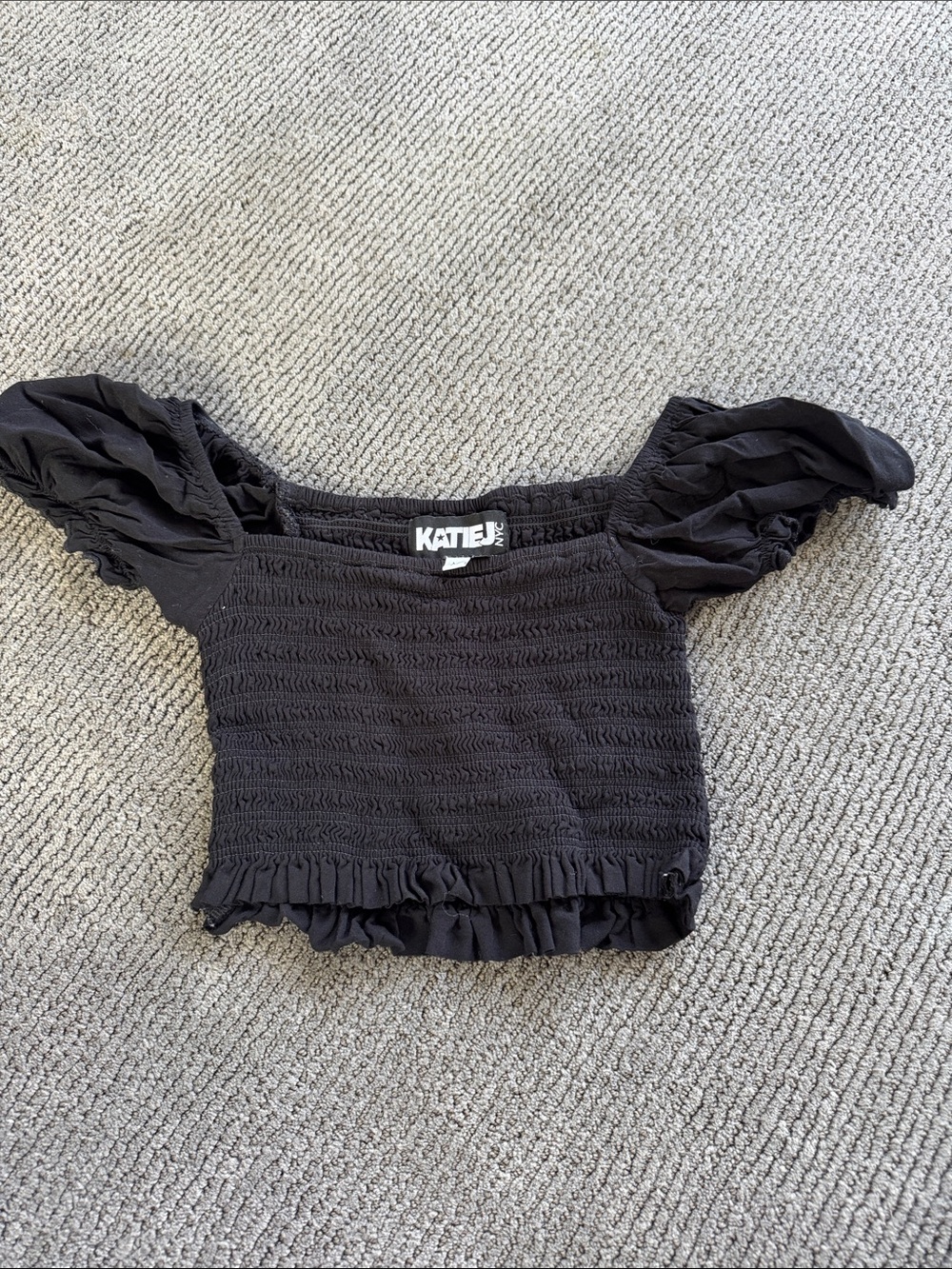 Katie J NYC Black Smocked Puff-Sleeve Crop Top